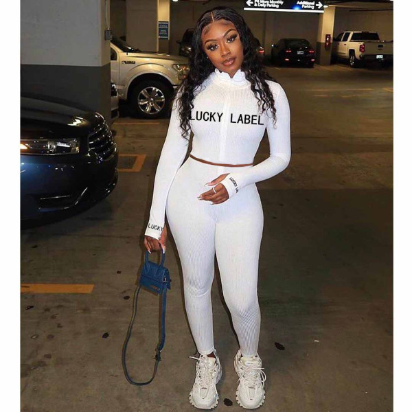 Rib Embroidery Letter Zipper Sports Two Piece Set XYF-9052