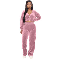 Solid Hooded Zipper Two Piece Pants Set LDS-3250