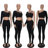 Sexy One Shoulder Long Sleeve Crop Top And Pants Two Piece Set XYF-9039