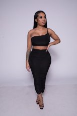 Sexy One Shoulder Sling Top And Ruched Skirts Two Piece Set XYF-9019