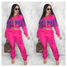 Pink Letter Print Tracksuit Patchwork 2 Piece Pants Set SHD-9430