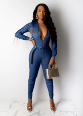 Sexy Tassel Long Sleeve Belted Denim Jumpsuits SHD-9210