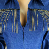 Sexy Tassel Long Sleeve Belted Denim Jumpsuits SHD-9210