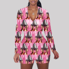 Casual Printed V Neck Long Sleeve Rompers SHD-9330