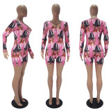 Casual Printed V Neck Long Sleeve Rompers SHD-9330