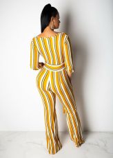 Sexy Striped V Neck Wide Leg Sashes Jumpsuits SMR-9722