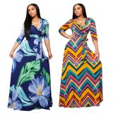 Plus Size V Neck Printed Maxi Dress SMR-9719