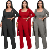 Solid Rib Tanks+Long Cloak+Pants 3 Piece Sets XMY-9264