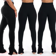 Solid Rib Mid Waist Split Skinny Pants SMR-9714