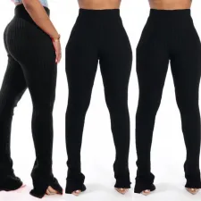 Solid Rib Mid Waist Split Skinny Pants SMR-9714