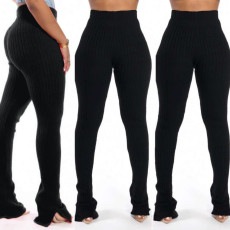 Solid Rib Mid Waist Split Skinny Pants SMR-9714