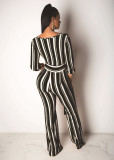 Sexy Striped V Neck Wide Leg Sashes Jumpsuits SMR-9722