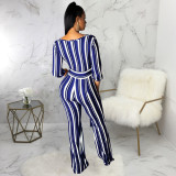 Sexy Striped V Neck Wide Leg Sashes Jumpsuits SMR-9722