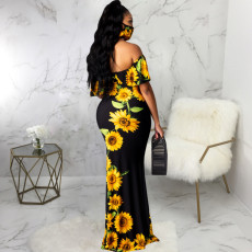 Sexy Printed Slash Neck Maxi Dress With Mask SMR-9720