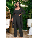 Solid Rib Tanks+Long Cloak+Pants 3 Piece Sets XMY-9264