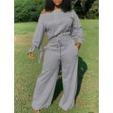 Plus Size Lace Up Tops Wide Leg Pants 2 Piece Sets TK-6123