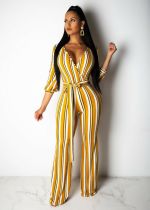 Sexy Striped V Neck Wide Leg Sashes Jumpsuits SMR-9722