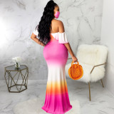 Sexy Printed Slash Neck Maxi Dress With Mask SMR-9720