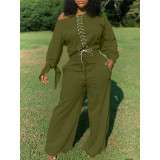 Plus Size Lace Up Tops Wide Leg Pants 2 Piece Sets TK-6123