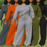 Plus Size Lace Up Tops Wide Leg Pants 2 Piece Sets TK-6123