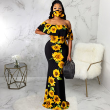 Sexy Printed Slash Neck Maxi Dress With Mask SMR-9720