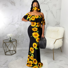 Sexy Printed Slash Neck Maxi Dress With Mask SMR-9720