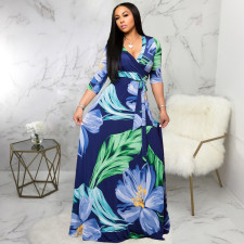 Plus Size V Neck Printed Maxi Dress SMR-9719