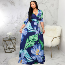 Plus Size V Neck Printed Maxi Dress SMR-9719