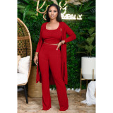 Solid Rib Tanks+Long Cloak+Pants 3 Piece Sets XMY-9264