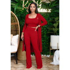 Solid Rib Tanks+Long Cloak+Pants 3 Piece Sets XMY-9264