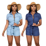 Casual Denim Short Sleeve Sashes Jeans Rompers SMR-9715