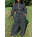 Plus Size Lace Up Tops Wide Leg Pants 2 Piece Sets TK-6123