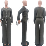 Plus Size Lace Up Tops Wide Leg Pants 2 Piece Sets TK-6123