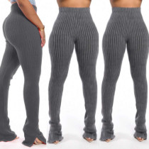 Solid Rib Mid Waist Split Skinny Pants SMR-9714