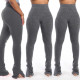 Solid Rib Mid Waist Split Skinny Pants SMR-9714