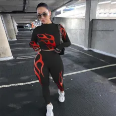 Sexy Print Long Sleeve Tops And Fitness Legging Pant Sports Two Piece Set NYF-8017