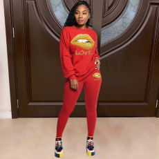Lips Print Long Sleeve Two Piece Pants Set LSD-8776