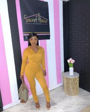 Casual Fashion V-neck Hooded Solid Color Sports Two Piece Set NYF-8016