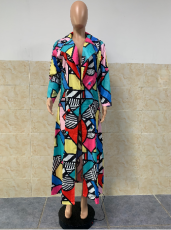Geometric Print Notched Neck Long Coat GLF-8038