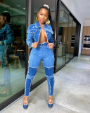 Patchwork Denim Jacket+Jeans Pants Two Piece Sets LSD-8773