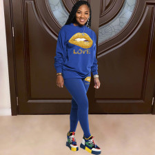 Lips Print Long Sleeve Two Piece Pants Set LSD-8776