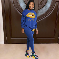 Lips Print Long Sleeve Two Piece Pants Set LSD-8776