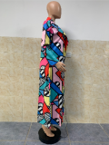 Geometric Print Notched Neck Long Coat GLF-8038