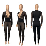 Sexy Deep V Neck Mesh Patchwork Jumpsuits CHY-1254