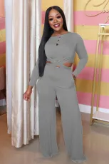 Fashion Casual Solid Color Lace Up Long Sleeve Two Piece Set LUO-3030-1