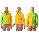 Plus Size Contrast Color PU Leather Zipper Winter Down Jacket GLF-8037