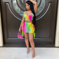 Sexy Printed Tank Top Lace Up Mini Skirt Sets CHY-1252