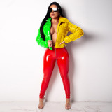 Plus Size Contrast Color PU Leather Zipper Winter Down Jacket GLF-8037