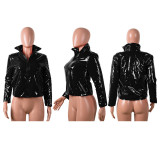 Plus Size Solid PU Leather Zipper Winter Down Jacket GLF-4524