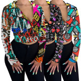 Trendy Printed Notched Neck Zipper Coat GLF-8046